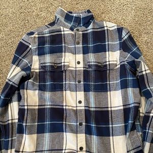 Blue, gray and white plaid shirt